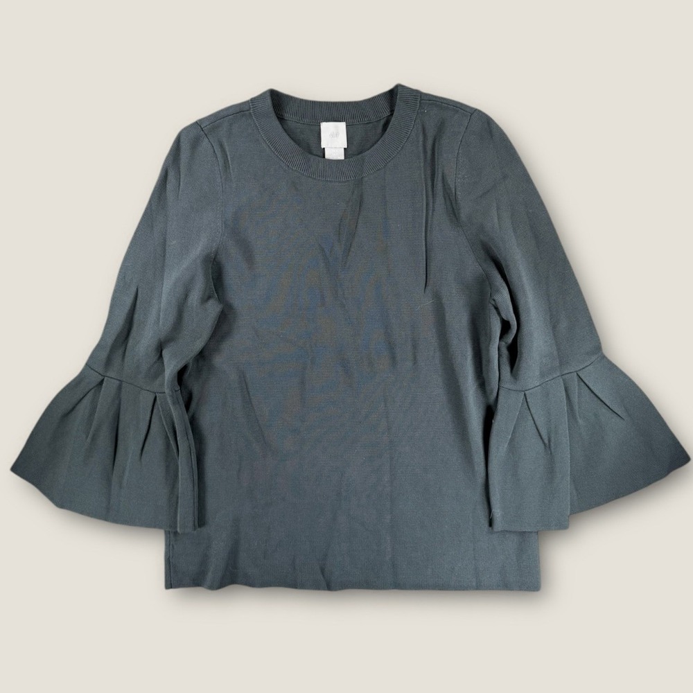 H&M Dark Green‎ Bell Sleeve Knit Top Size S Viscose Blend Ribbed Crew Neck